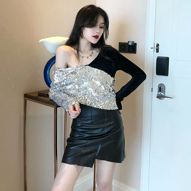 Женская футболка с открытыми плечами расшитая блестками весна 2020 новый пуловер