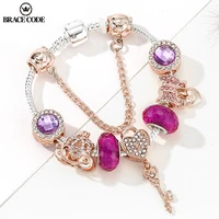 2021 new rose gold charm heart key pendant charm bracelets for women original girls princess crown beaded bracelet wife jewelry