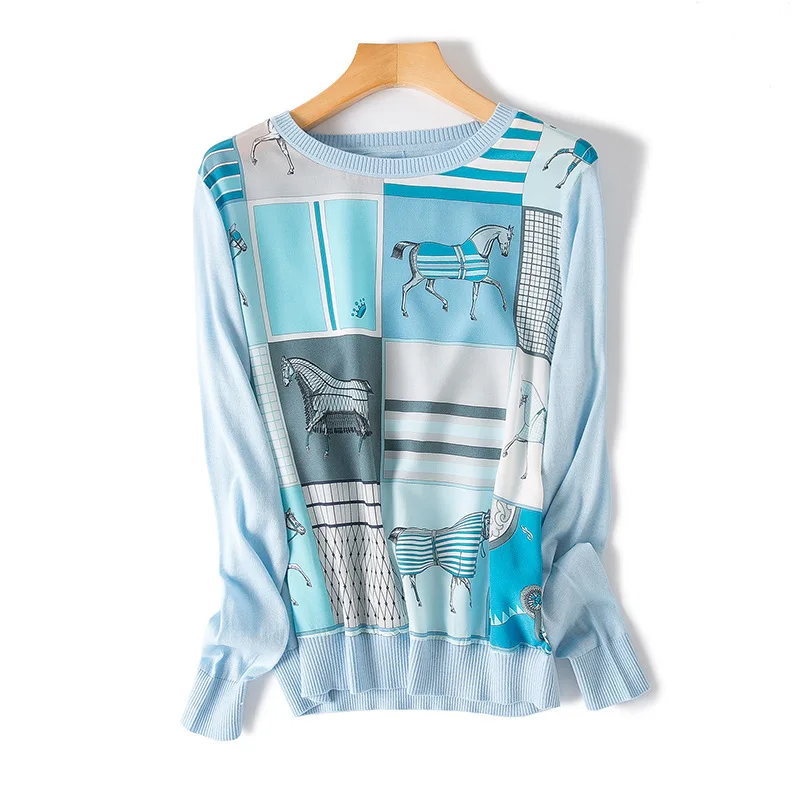 

Новинка Женская одежда Европейская и американская высококлассная шелковая вязаная рубашка с длинным рукавом и принтом Томаса