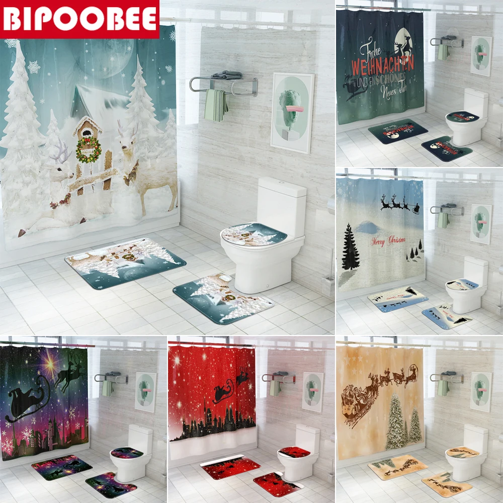 

Merry Christmas Bathroom Set Festival Shower Curtain Santa Claus Elk Bath Mat Non Slip Carpet Toilet Cover Floor Rugs Home Decor