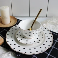 2021 new 200ml retro british tea coffee cup and saucer set black polka dot stripes pattern ceramic cups