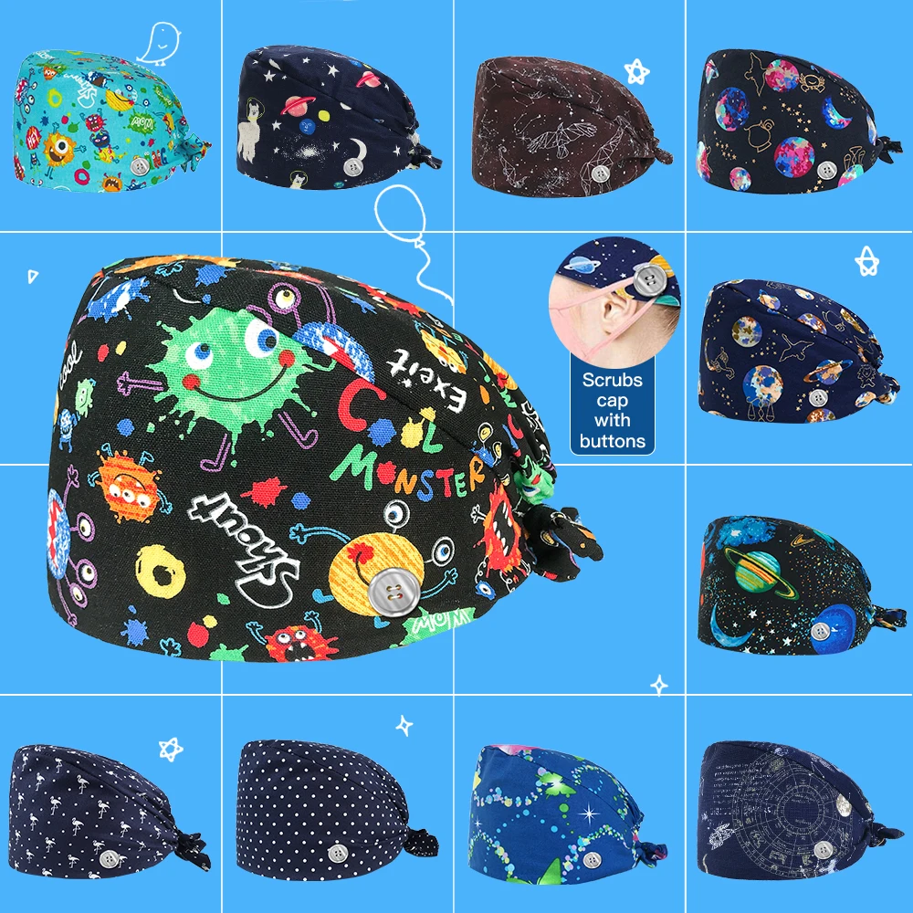 

Scrubs caps button print adjustable cotton work cap beautician accessories Tieback Elastic beauty salon work hat Male and female
