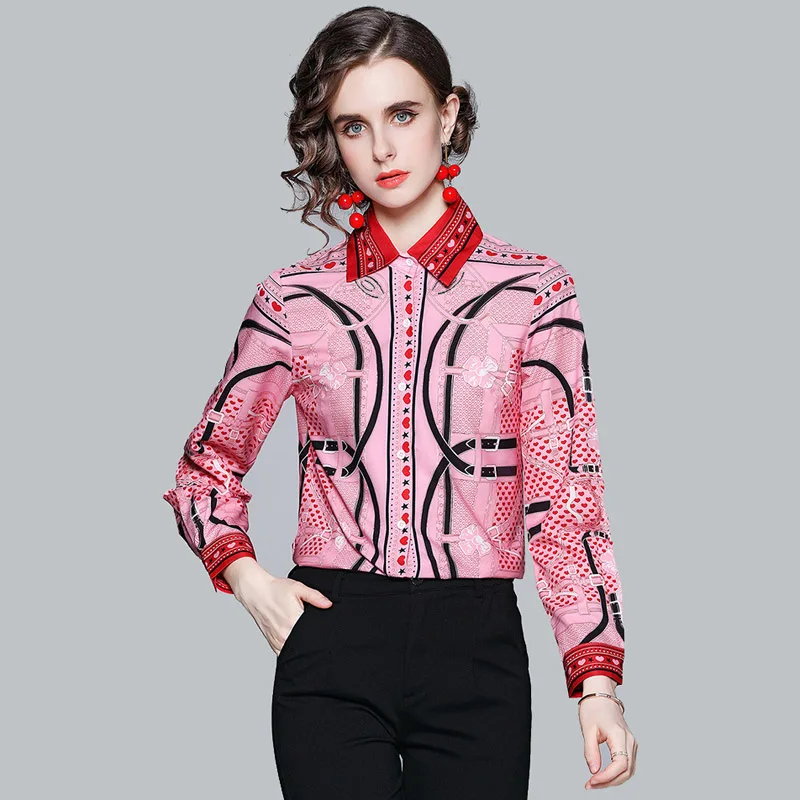 

Fashion Designers Spring Women Runway Blouses Long Sleeve Elegant Turn Down Collar Vintage Office Shirts Plus Size Blusas Tops