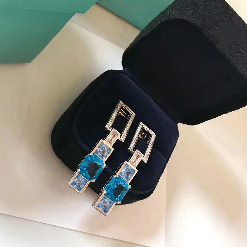 

TIF 1:1 Original LOGO Shining Long Stud Earrings with Blue Square Stones High Quality Luxury Jewelry Classic Trend Brand Woman