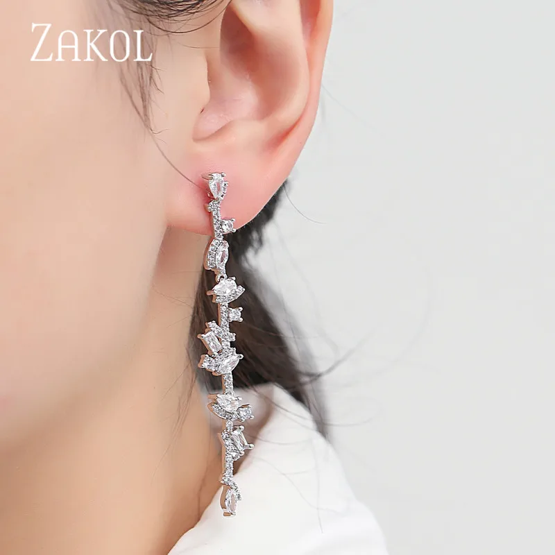 ZAKOL Popular Cubic Zirconia Long Dangle Drop Earrings for Women Fashion Leaf Bridal Wedding Party Dinner Dress Jewelry FSEP2109