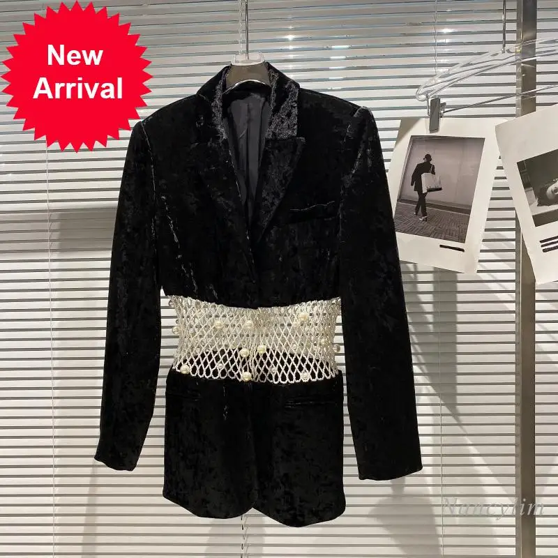 

Blazer for Women 2021 Autumn New Sexy Pearl Hollowed-out Waist Design Gold Velvet Shoulder Pad Slim-Fit Suit Coat Lady