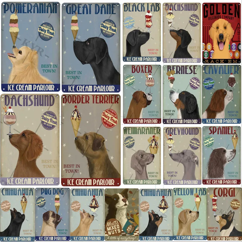 

Pug Dog Pomeranian Great Dane Dachshund Ice Cream Parlour Metal Sign Wall Decor Tin Iron Painting Kid Bedroom Living Room Murals