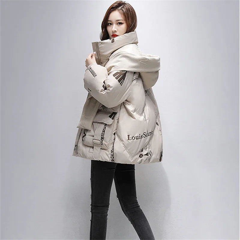 Куртка женская зимняя с капюшоном и принтом на молнии | Женская одежда