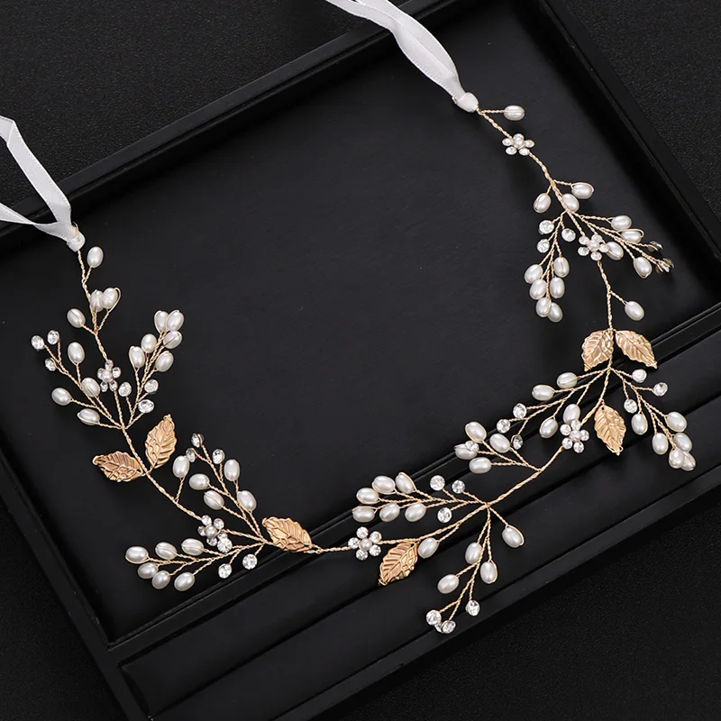 Модный свадебный аксессуар для волос в виде золотого листа и жемчуга |