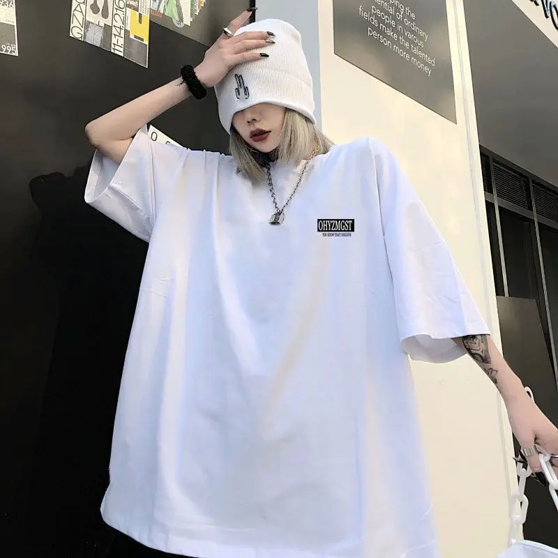 

Футболка женская средней длины с коротким рукавом, элегантный повседневный топ с графическим принтом, свободная одежда в Корейском стиле, в стиле Харадзюку, на лето