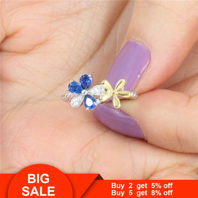 Vecalon женское цветочное кольцо желтое белое золото заполненное синим Cz кристаллом