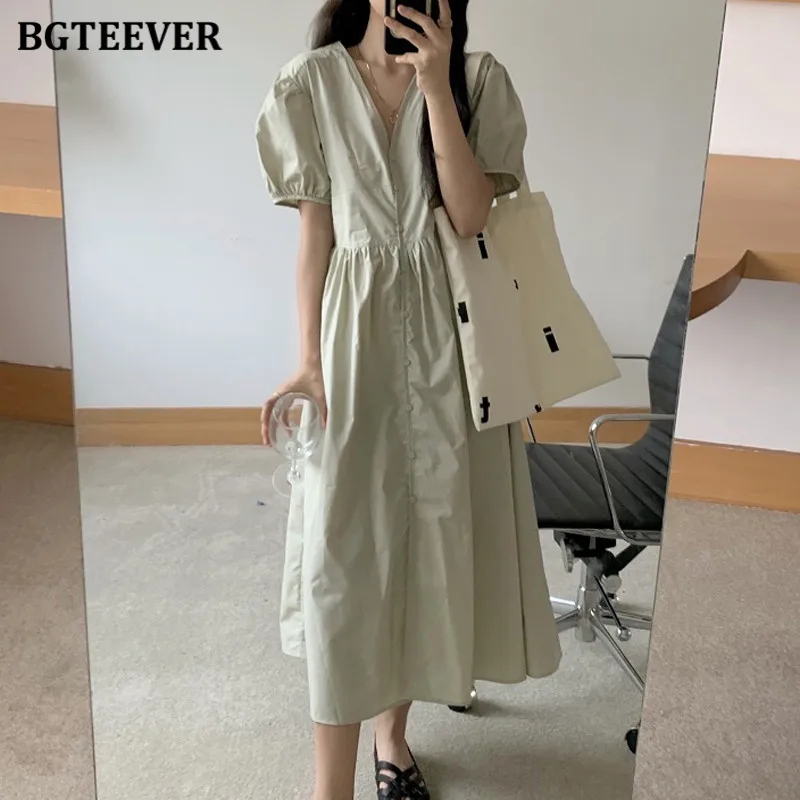 

BGTEEVER Casual Simple V-neck Solid Women Dress Puff Sleeve Single-breasted Loose Female Midi Dress Summer Ladies Vestidos 2021
