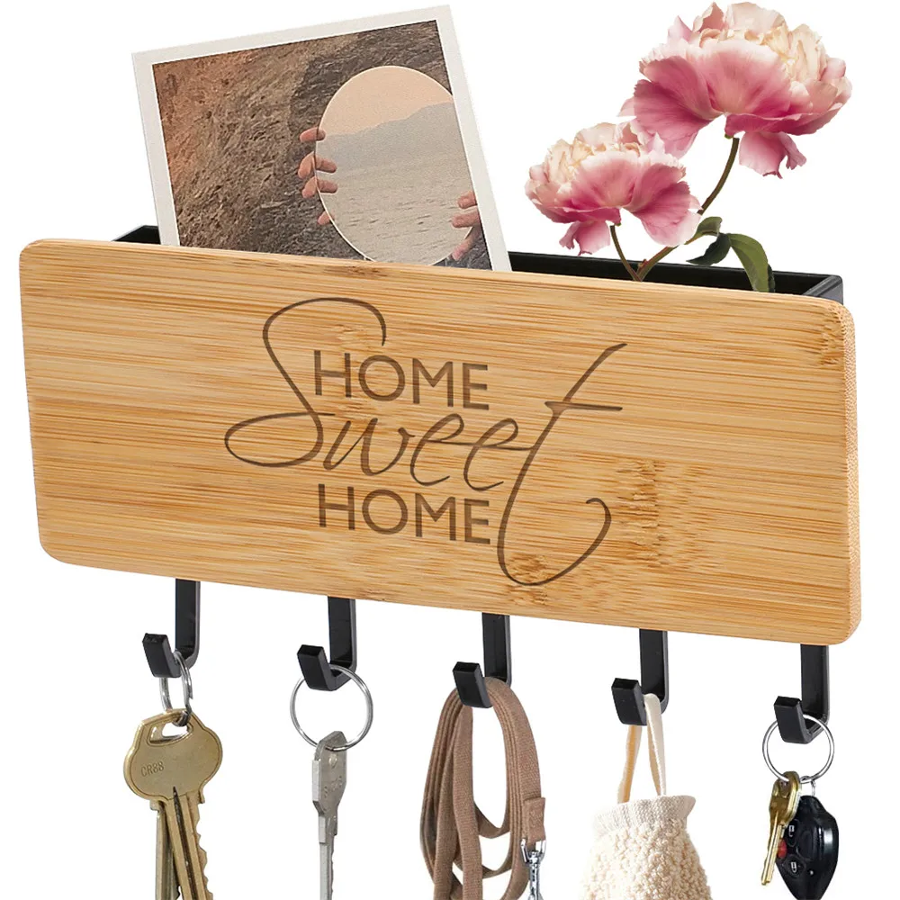 

Home Sweet Home Engraved Bamboo Key Holder Door Welcome Sign Wall Mounted Decor Sundries Storage Hooks Rack
