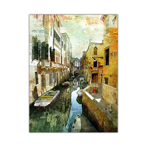 

Living room art painting painted riverside old town houses with noisy market landscape painting European background furniture