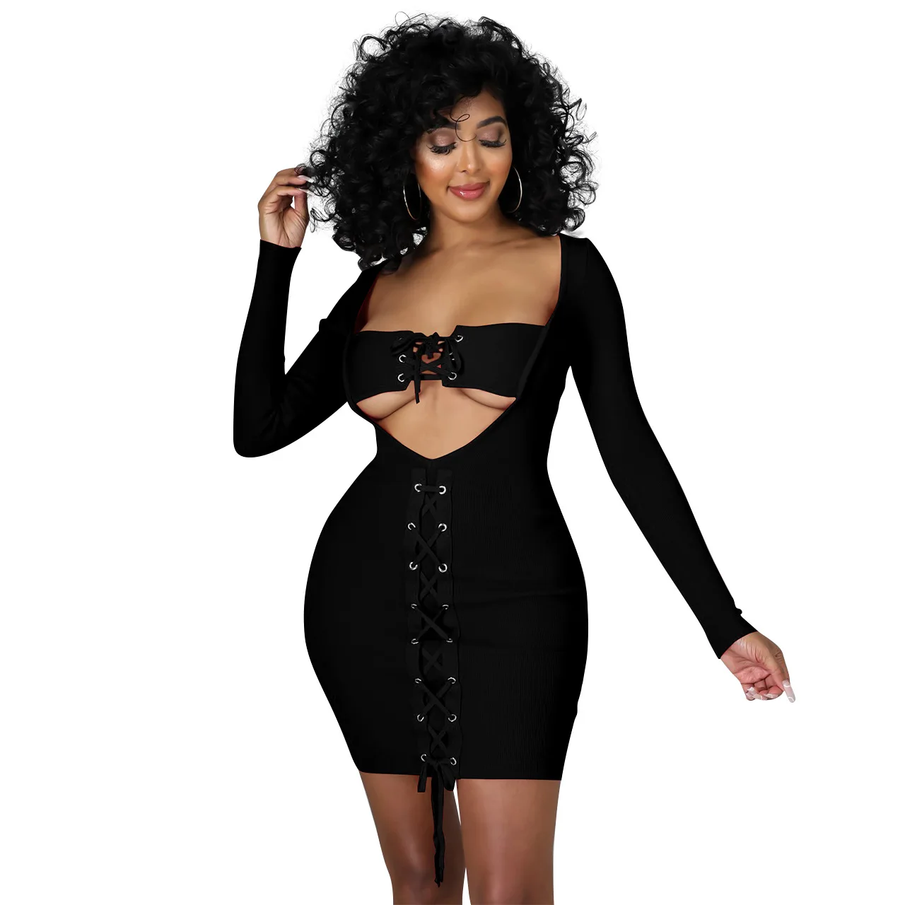 

Women's sexy dress new thread corns lace up slim autumn vestidos de mujer mini club dress