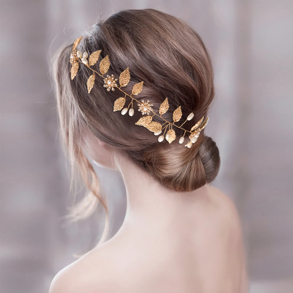 

AMORARSI HP110 Золотые листья свадебные аксессуары для волос свадебный головной убор включается с лентой Свадебные Оголовье Тиара ювелирные изде...