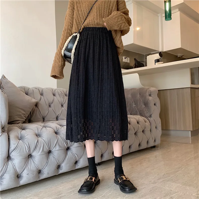 

Winter Office Ladies Lace Skirt Elastic Waist A Line Skirt Women Casual Warm Winter Long Knit Skirt Female Lace Skirt Vintage