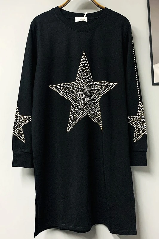 

QING MO Women Five Pointed Star Sweatshirt 2021 Women Rhinestone Sweatshirt Female Oversized Sweatshirt Dress ZQY6010