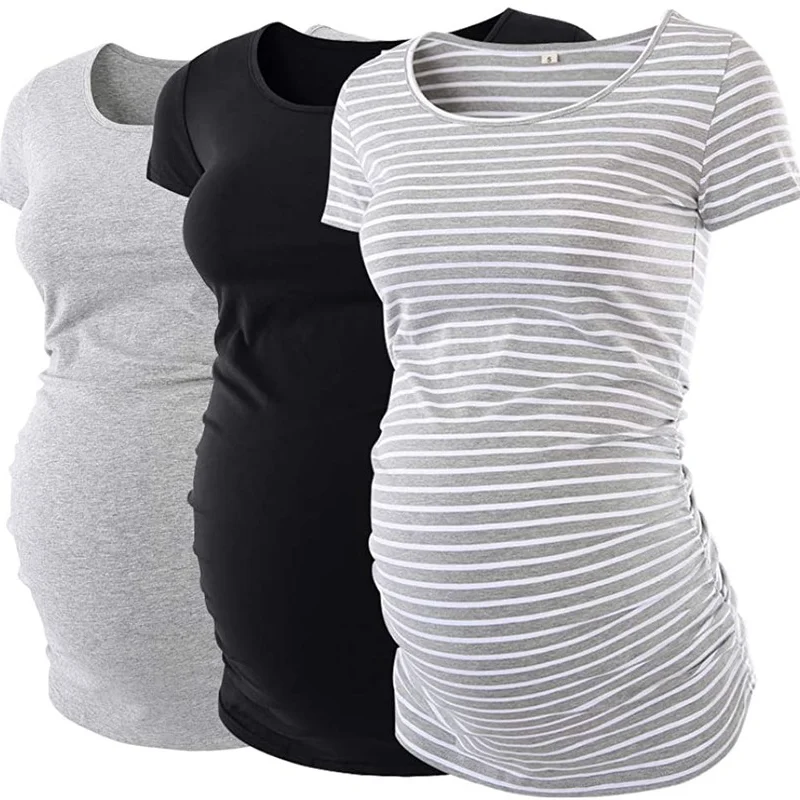 Pregnant Mother Breastfeeding Women's Maternity Blouse 3-pack Classic Side Ruched Short-sleeved Maternity Blouse