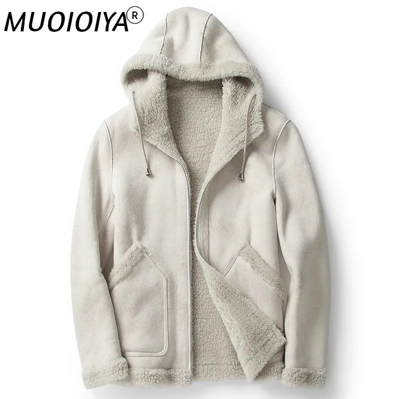 

MUOIOYIA Short Real Fur Coat Men Hooded Autumn Winter Leather Jacket Man Sheep Shearing Wool Coats Two Side Wear MC18C170 KJ1200
