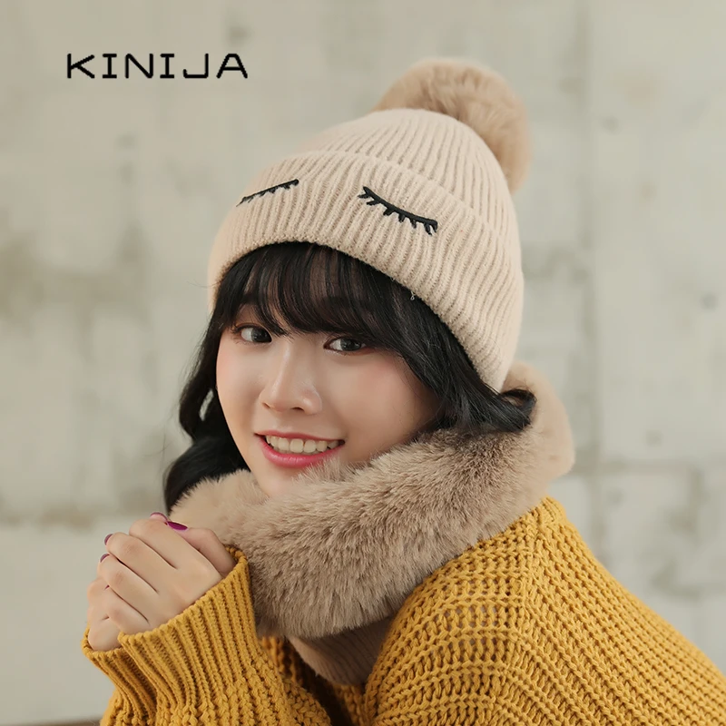 Зимние толстые связан из шерсти помпоны меха шапочка кролик Балаклава осень