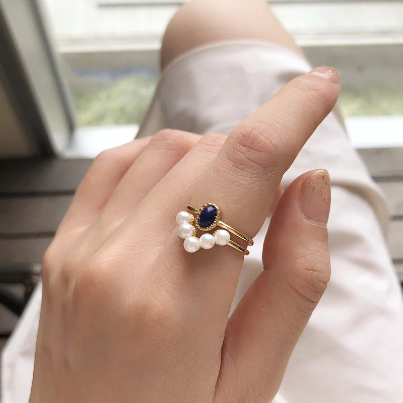 GHIDBK золото Цвет двойной натуральный камень жемчуг кольца для женщин 925