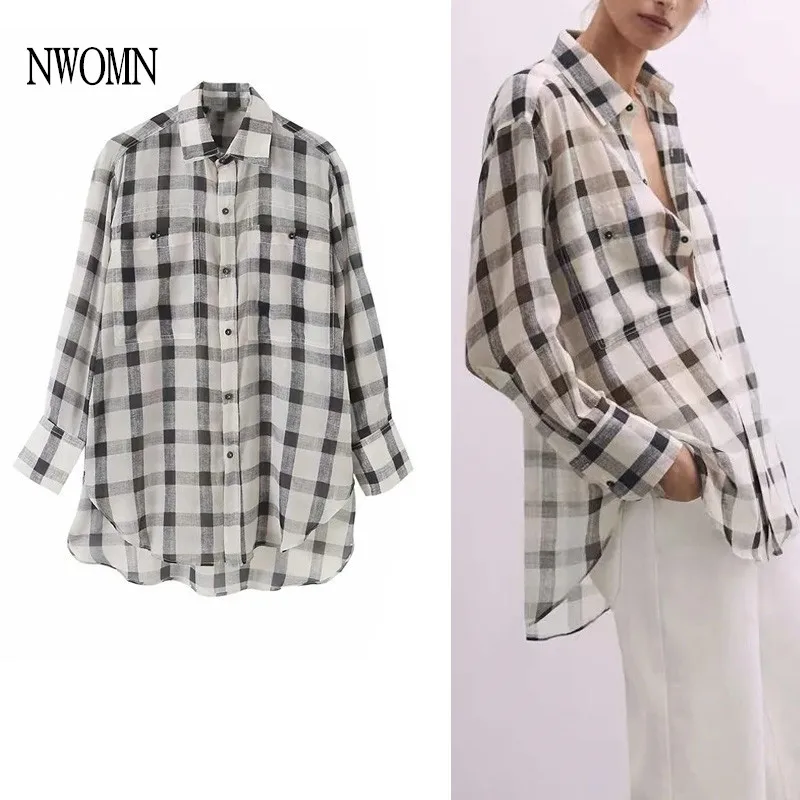

Женская клетчатая рубашка NWOMN Za, свободная, с длинным рукавом и карманами, повседневная, летняя, 2021
