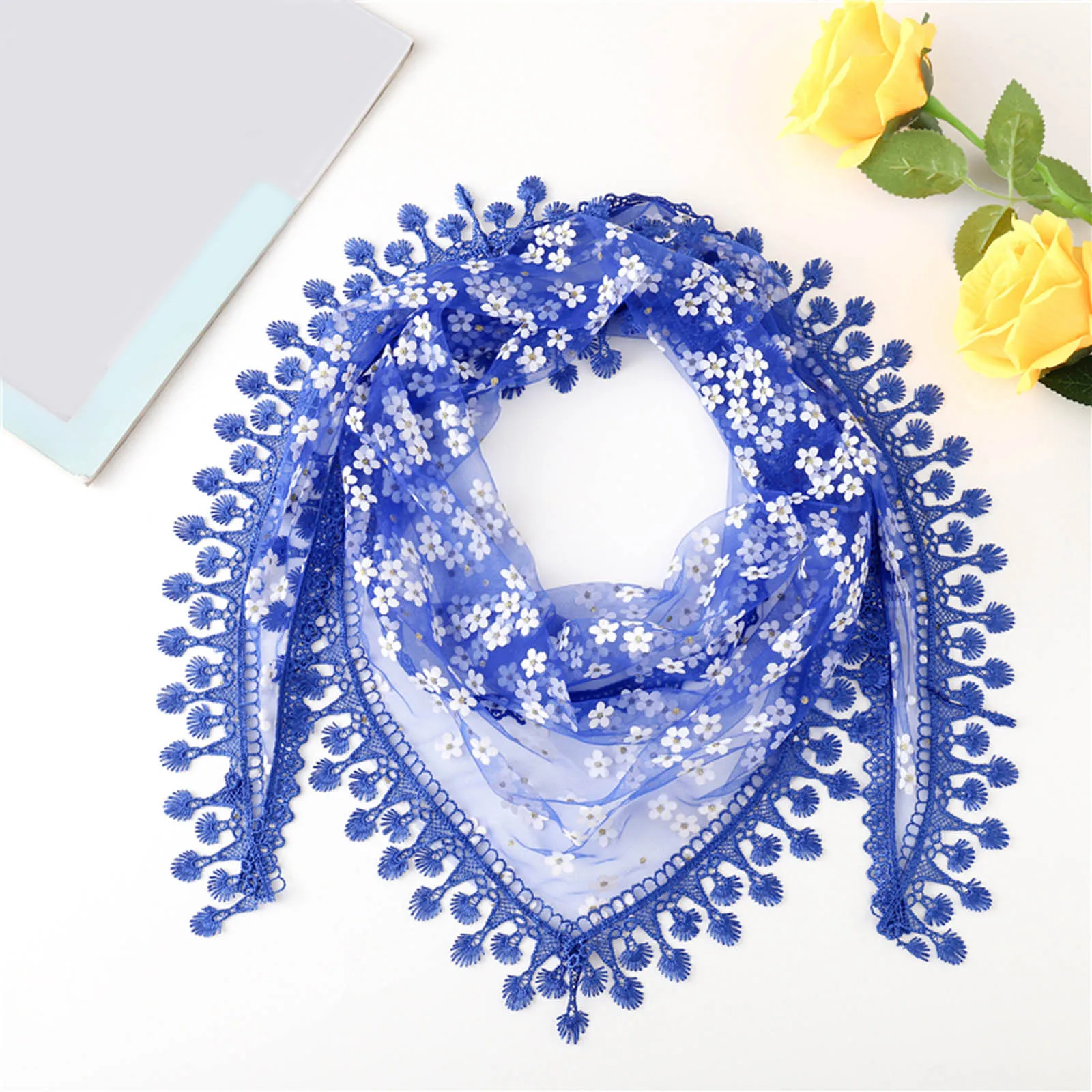 

Boho Daisy Printting Neckerchief for Women Tassel Lace Flower Scarf Shawl