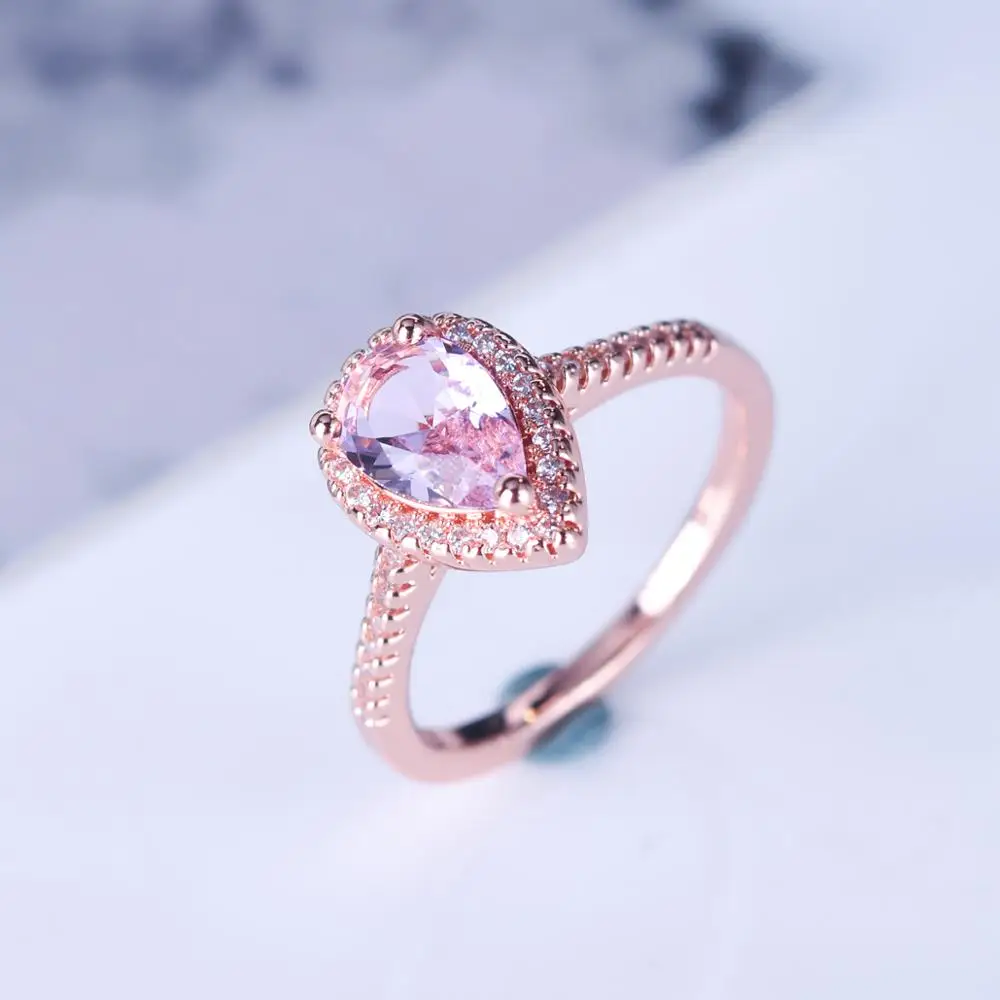 

Pink Charm Big teardrop Cubic Zircon wedding Rings for Woman Elegant rose gold Party Finger Jewelry girl Gift