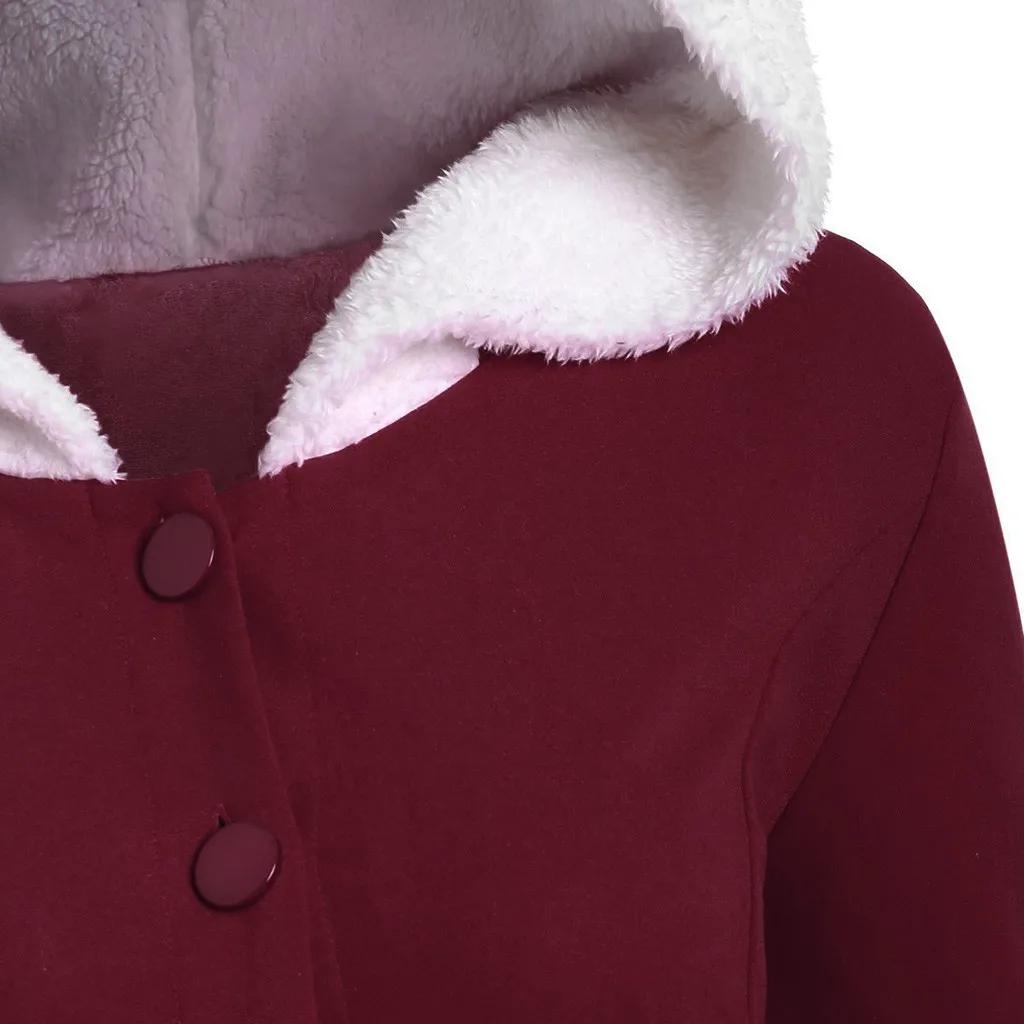 Зимнее женское платье в стиле ретро однотонное с капюшоном и пуговицами теплое