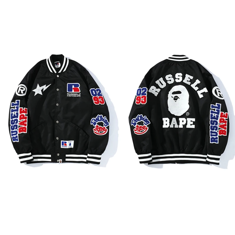 

2021 Winter Bape Ape Head RUSSELL ATHLETIC Co Branded Embroidered Badge Sticking Cloth Jacket Loose Coat Outer Wear Overcoat