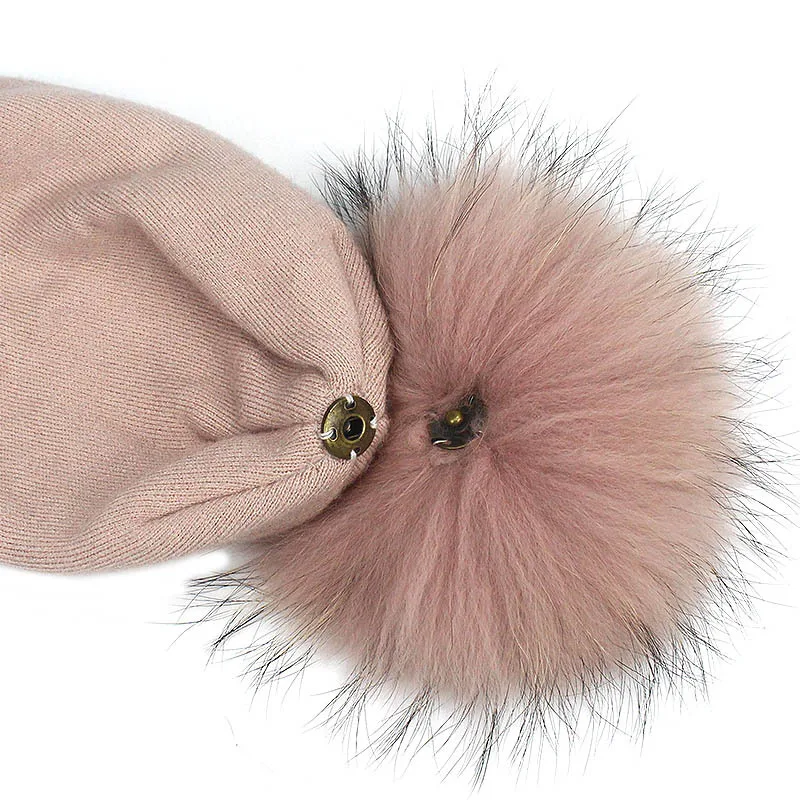 Детская Зимняя шерстяная шапка с помпоном из меха енота розового цвета для