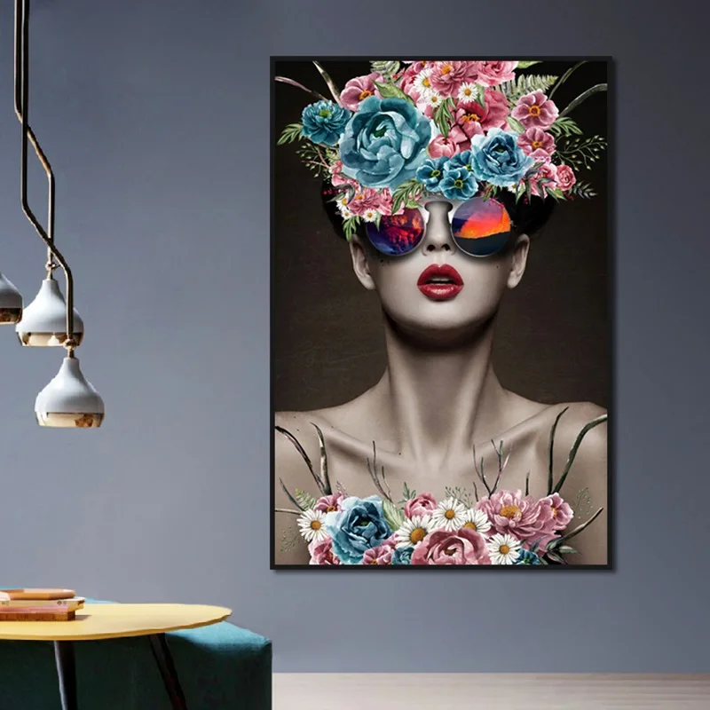 

Fashion Poster Sunglasses Woman With Colorful FlowersCanvas Painting Picture For Living Room Bedroom Home Wall Art Decoration