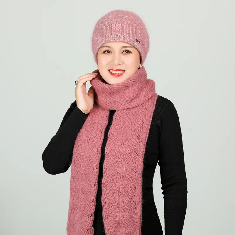 Rabbit Hair Knitted Wool Cap Middle Aged Elderly Warm Plus Velvet Scarf Mothers Birthday Present Elegant Flower Ladies Hat | Аксессуары