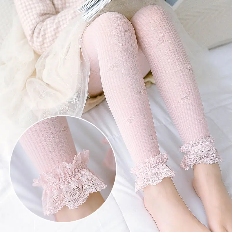 

Girl silk hosiery summer thin kids nine point stockings white dance socks Butterfly lace tights for girls 2021 stocking stuffers