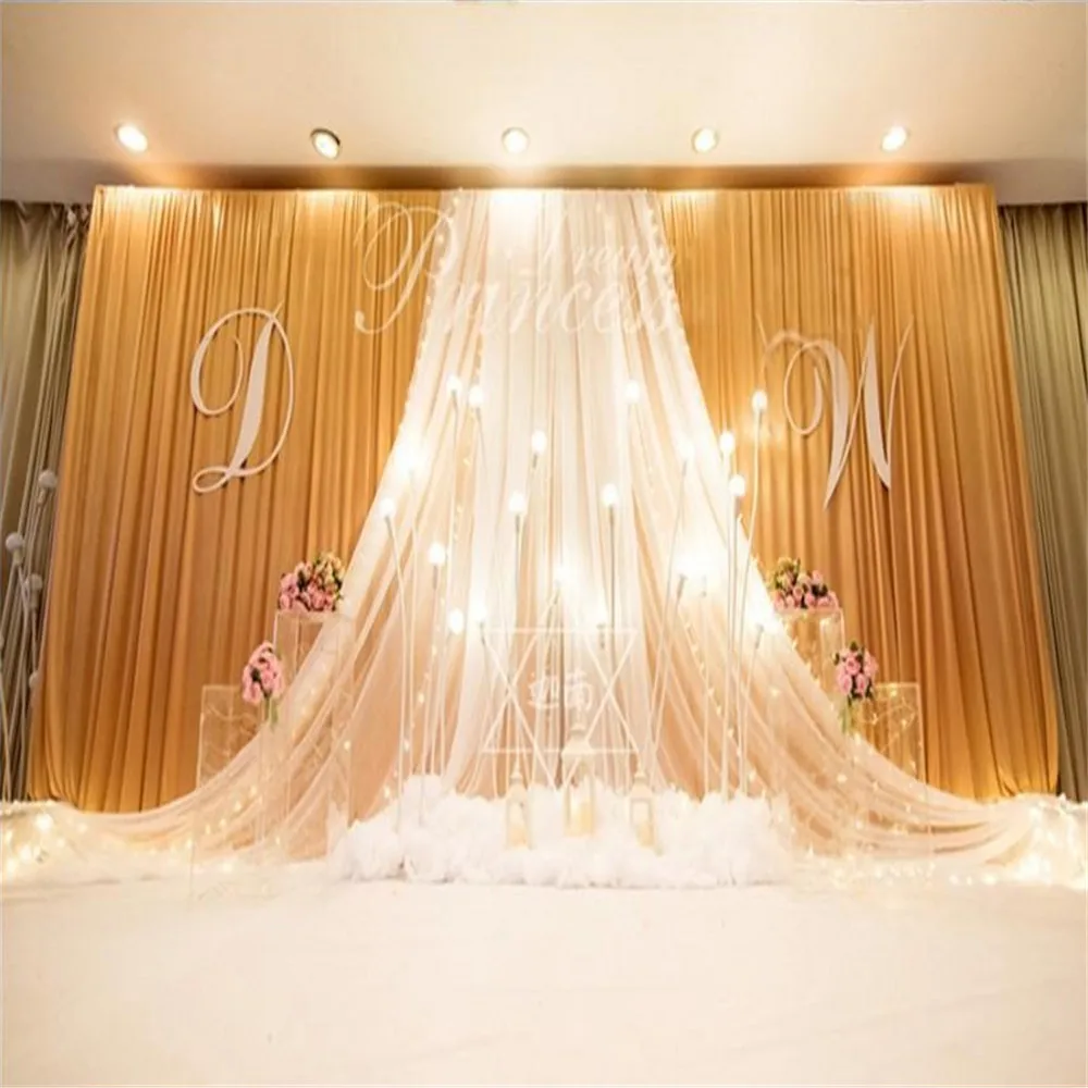 

Luxury 3*6m 10ft*20ft ice silk gold wedding backdrop stage curtain with white yarn Stage Prop Fashion Drape Curtain Backdrops