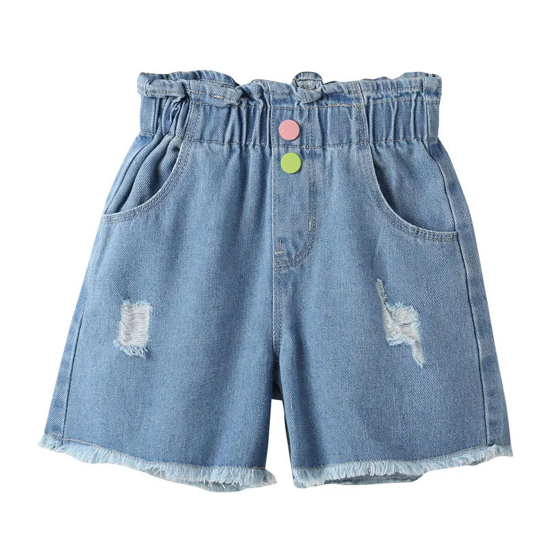

Walinegha Blue Ruffle Denim Shorts Fashion Kids High Waist Loose Ripped Jeans Summer Casual Girl Shorts Child Pants 10 12 Year