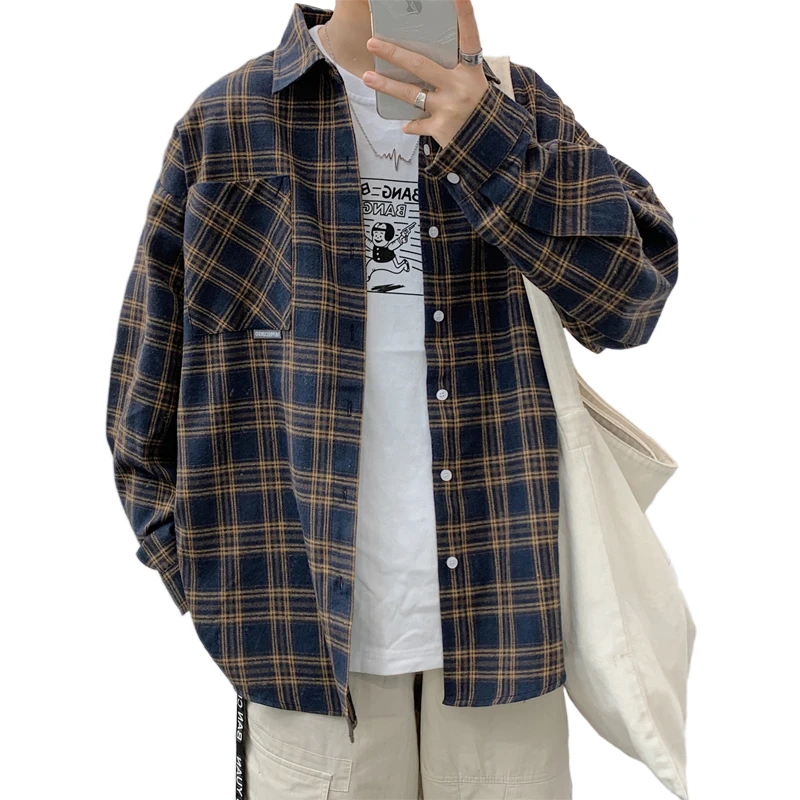 

Korean Style Plaid Shirts For Men Clothing Ulzzang Kpop Clothes Hip Hop Oversized Shirt Streetwear 2020 Fashion Couple Tops