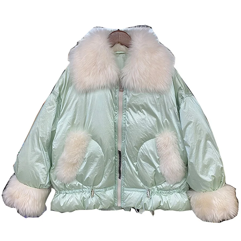 

Зимнее пуховое пальто, новинка 2021, женская короткая блестящая куртка-пуховик, однотонная теплая верхняя одежда на белом утином пуху из овеч...