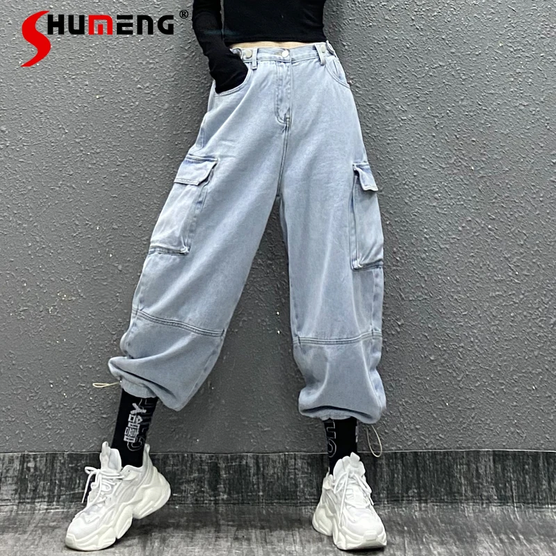 

Y2K Baggy Women Wide Leg Jeans Elastic Waist Ankle-Tied Large Pockets Loose Vintage Blue High Waisted Jeans Cargo Denim Pants