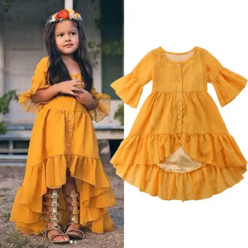 2021 Brand New Princess Fashion Toddler Baby Girls Boho Party Dress Long Flare Sleeve Ruffles Asymmetrical Yellow 1-5Y | Детская одежда