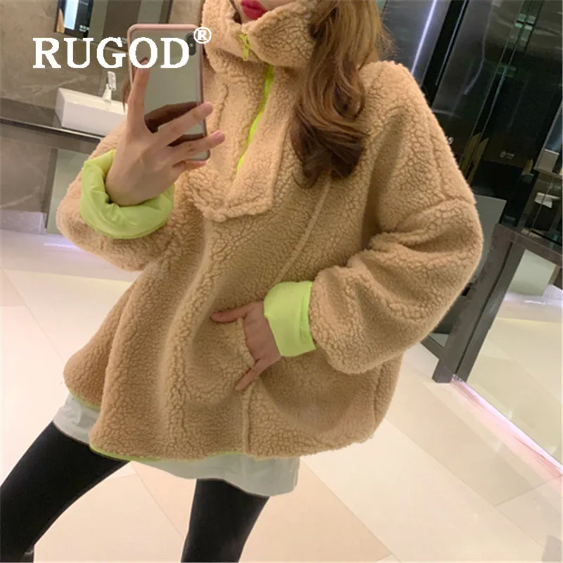 RUGOD модное однотонное флисовое пальто для женщин корейский стиль воротник-стойка