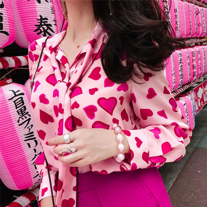 

New Fashion Designer Sweety Bow Neck Fuchsia Heart Love Print Blouse Female Casual Office Lady Chiffon Shirts Floral Top