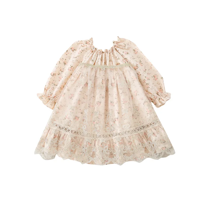 

2PCS WLG Kids Boutique Outfits Spring Fall Beige Floral Printed Dress and Mesh Dress Set Baby Girl Casual Clothes