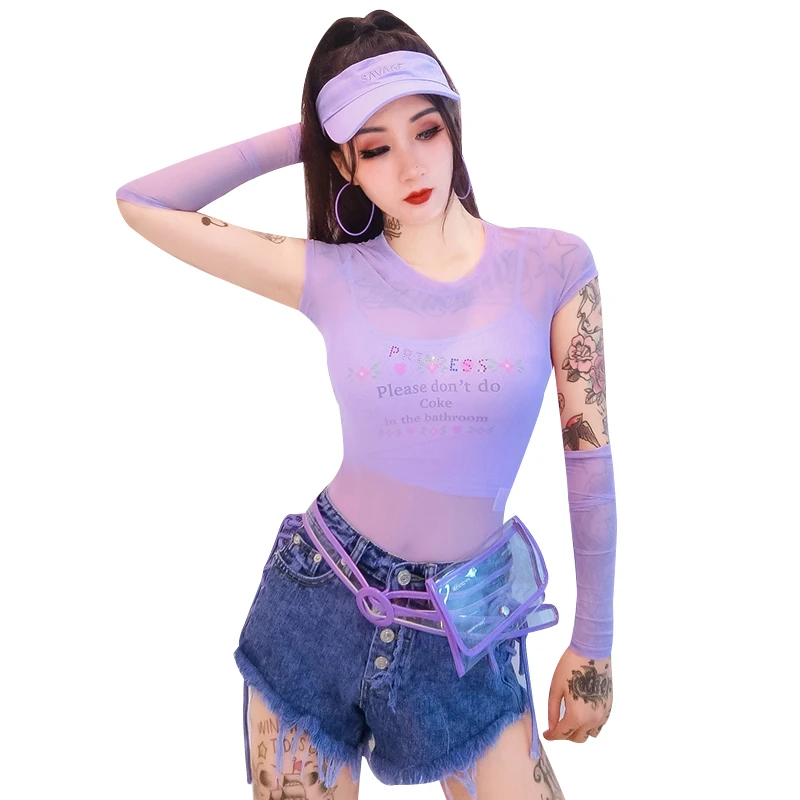 Джазовый танец костюмы фиолетового цвета с буквенным принтом боди для ночных