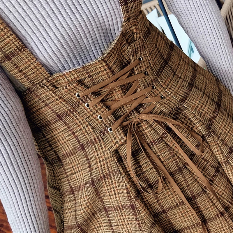 Коричневые Клетчатые Шерстяные Платья сарафан на бретелях спагетти в японском