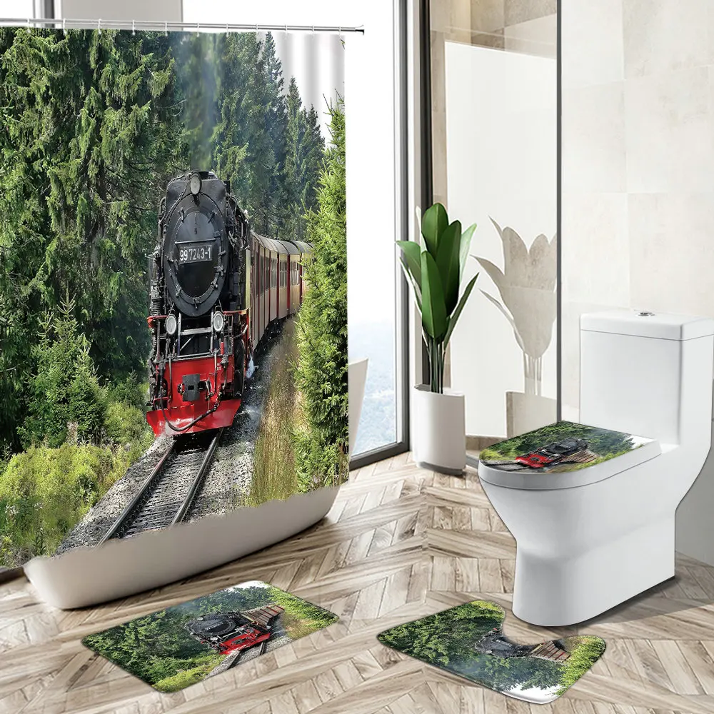 

Retro Train Steam Engine Shower Curtain Forest Tree Track Natural Scenery Non-Slip Pedestal Rug Toilet Cover Bathroom Deco Set