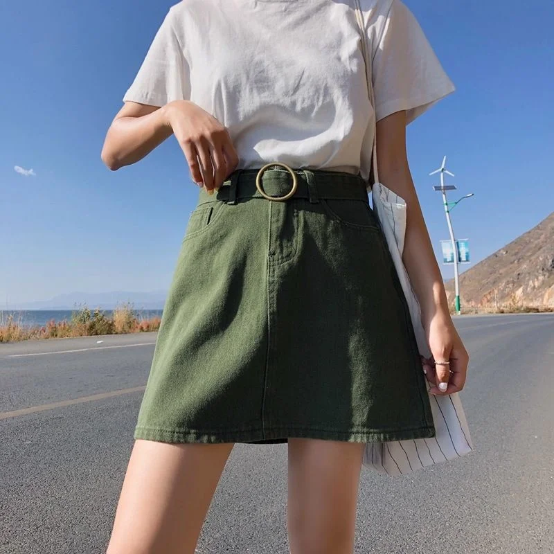 

Denim Skirt High Waist Mini Women Summer Pockets Red Black Jean School Young Girls Streetwear