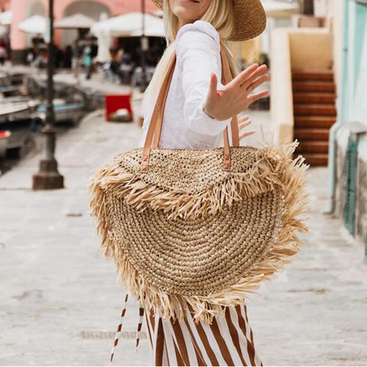 

Jastie 2022 Fashion Women Straw Bags Semicircle Shape Tassel Handmade Woven Shoulder Bag Summer Bohemian Beach Bag