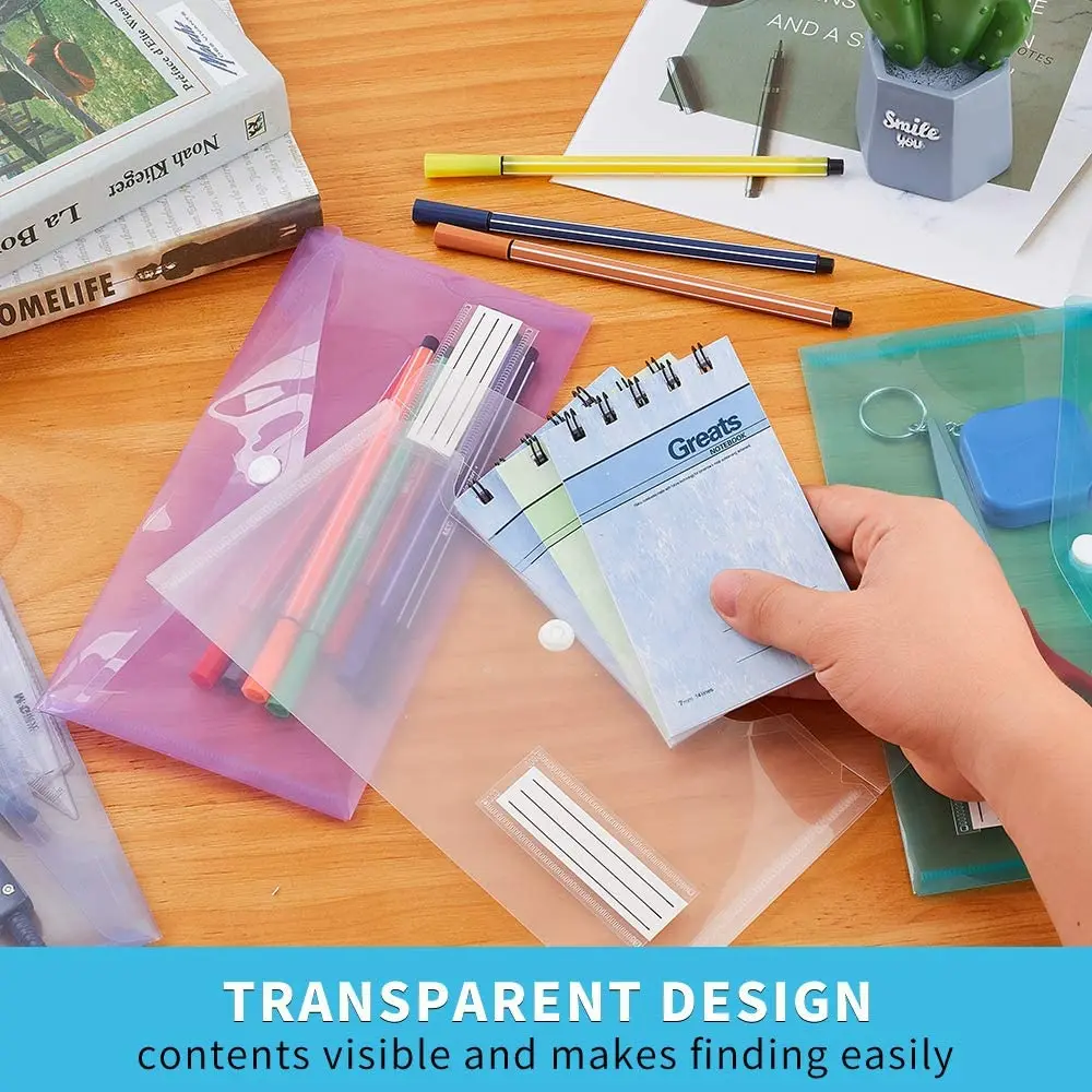 

5 Packs A6 Clear Envelopes File Folder Bill Bag Pencil Case with Label Pocket, A6 Envelope File Pouch for School Office Home Use